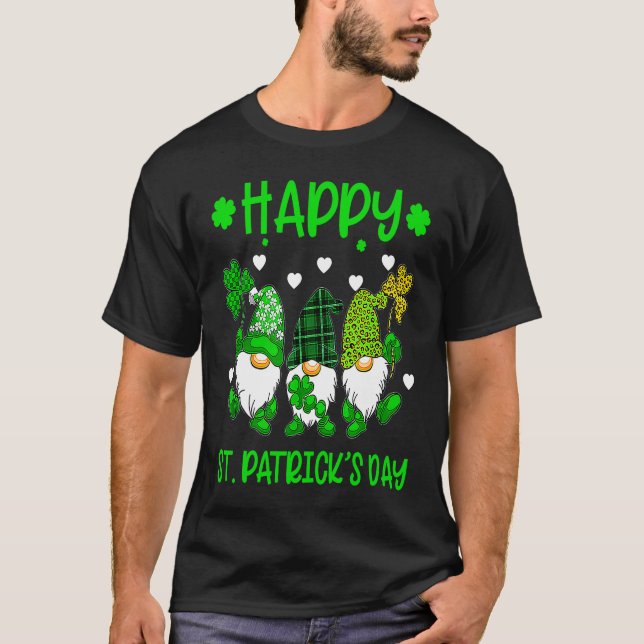 Happy St Patrick's Day Three Gnome Irish Shamrock  T-Shirt (Front)