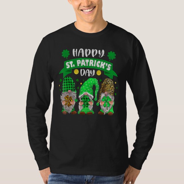 Happy St Patricks Day Three Gnome Shamrock Leopard T-Shirt (Front)