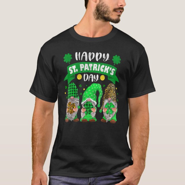 Happy St Patricks Day Three Gnome Shamrock Leopard T-Shirt (Front)