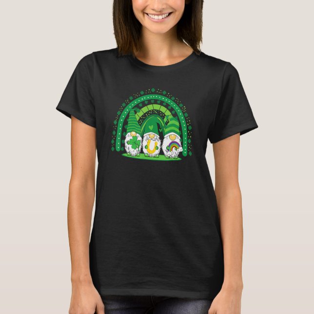 Happy St Patrick's Day Three Gnomes Shamrock Rainb T-Shirt (Front)