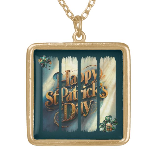 Happy St. Patrick's Day Vertical Brushstroke Gold Plated Necklace (Front)