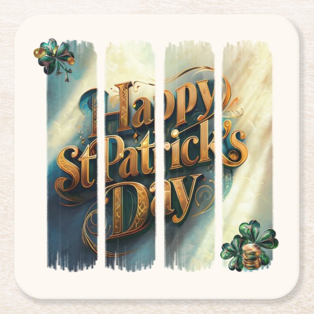 Happy St.Patrick's Day Vertical Brushstroke Square Paper Coaster (Front)