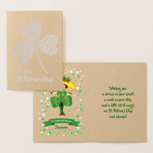 Happy St Patricks Day Vintage Little Irish Girl Foil Card