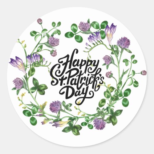 Happy StPatricks Day Watercolor Clover Wreath C Classic Round Sticker