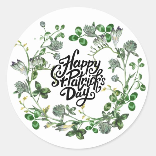 Happy StPatricks Day Watercolor Clover Wreath Classic Round Sticker