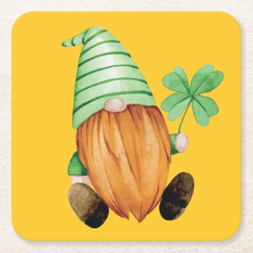 Happy St Patricks Day  Watercolor Irish Gnome Square Paper Coaster