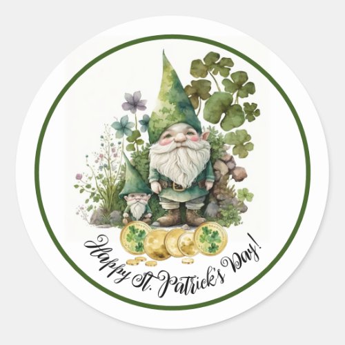 Happy StPatricks Day Watercolor Irish Gnomes Classic Round Sticker