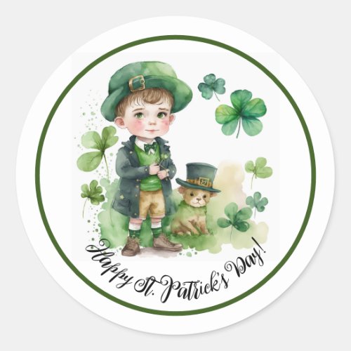 Happy StPatricks Day Watercolor Little Irish Boy Classic Round Sticker