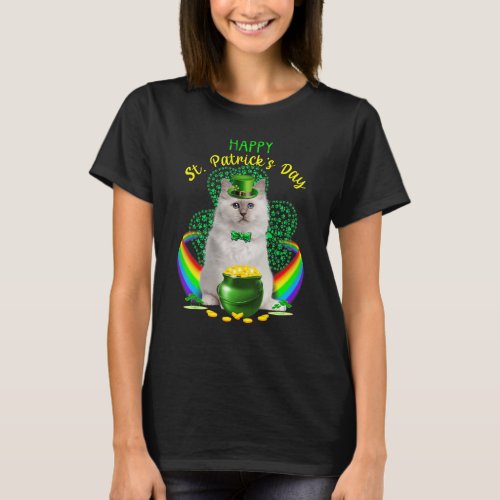 Happy St Patricks Day White Cat Leprechaun Hat Sha T_Shirt