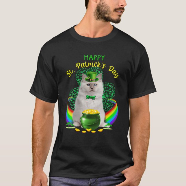 Happy St Patricks Day White Cat Leprechaun Hat Sha T-Shirt (Front)