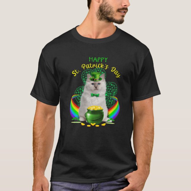 Happy St Patricks Day White Cat Leprechaun Hat Sha T-Shirt (Front)