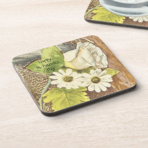 Happy St Patricks Day White Flowers Cool Irish Beverage Coaster