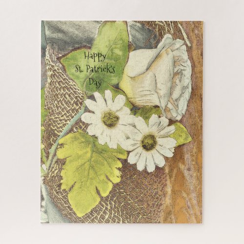 Happy St Patricks Day White Flowers Trendy Irish Jigsaw Puzzle