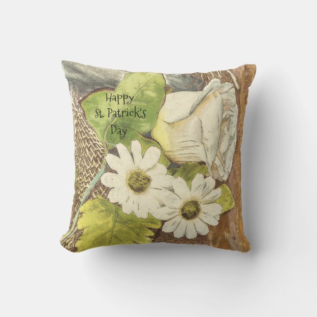 Happy St. Patrick's Day White Green Brown Floral Throw Pillow (Front)
