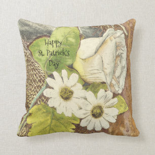 Happy St. Patrick's Day White Green Brown Floral Throw Pillow