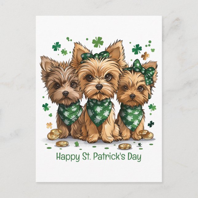 Happy St. Patrick's Day Yorkshire Terrier Dogs Postcard (Front)