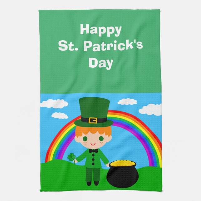 Happy St. Patrick's Day Young Leprechaun Kitchen Towel (Vertical)