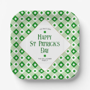 Happy St Patrick's Orange Green Clover Plaid Name Paper Plates
