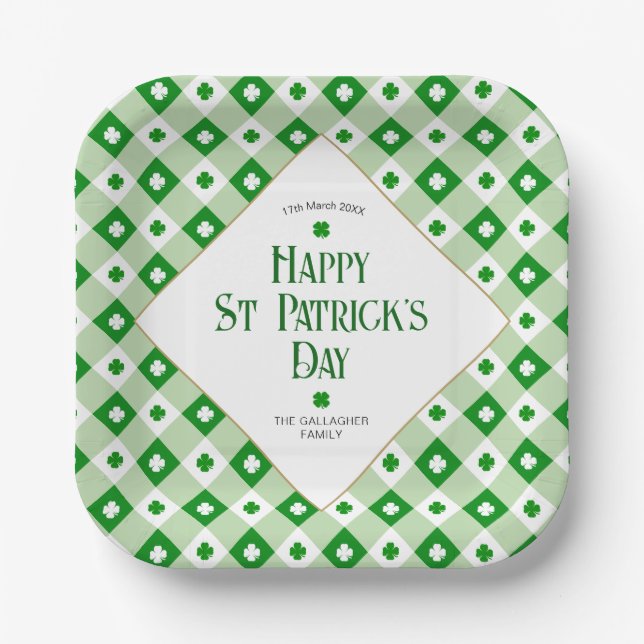 Happy St Patrick's Orange Green Clover Plaid Name Paper Plates (Front)