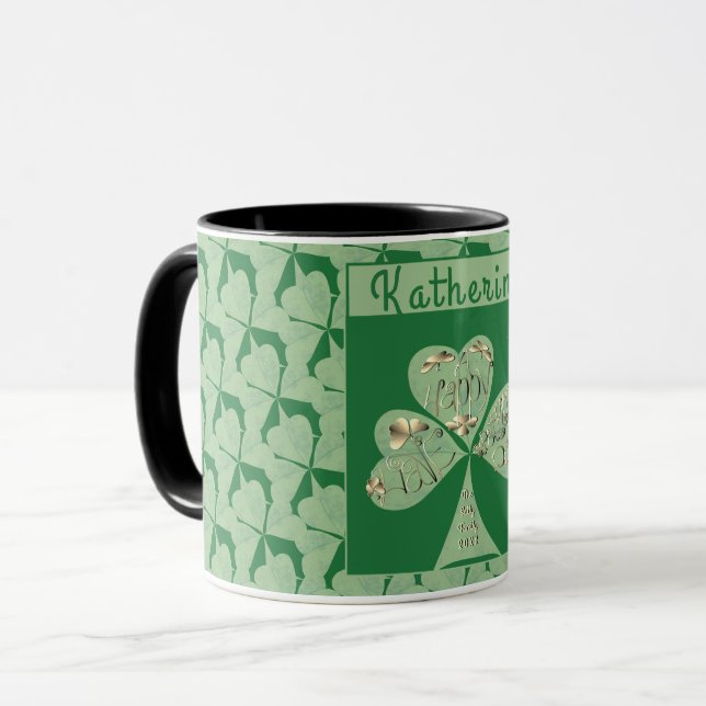 "Happy St. Patrick's " Shamrocks Green Mug (Front Left)