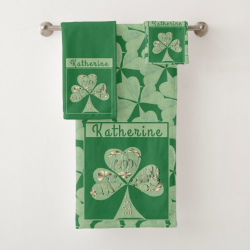 Happy St Patricks  Shamrocks Green Towel