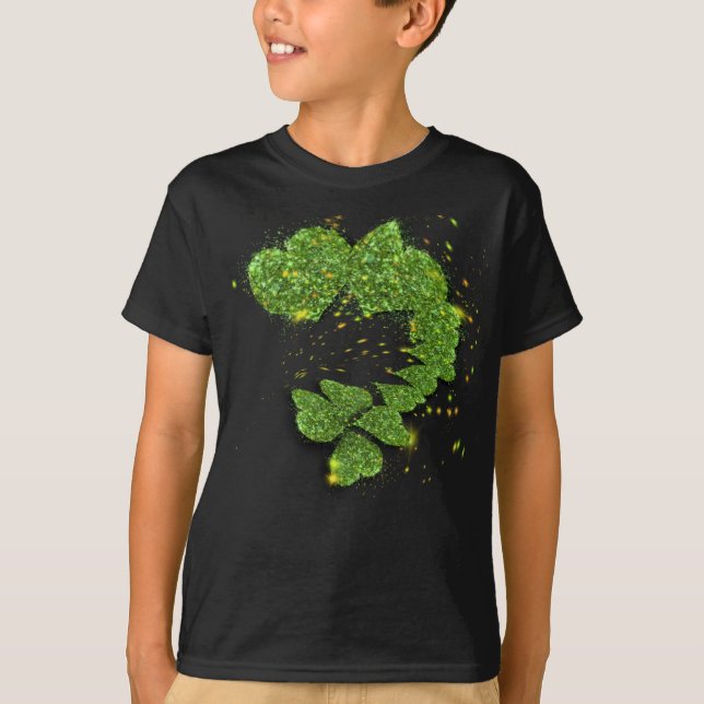 Happy St Patty, Green Shamrocks | sparkling hearts T-Shirt (Front)