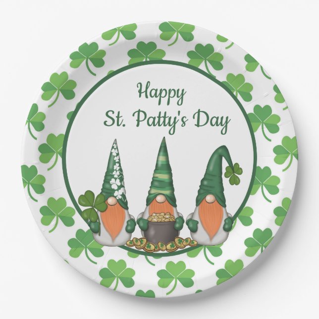 Happy St. Patty's Day Gnomes Paper Plates (Front)
