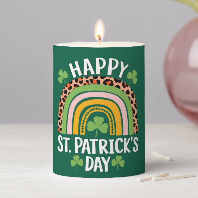 Happy St Saint Patrick's Day Rainbow Shamrock  Pillar Candle (In Situ)