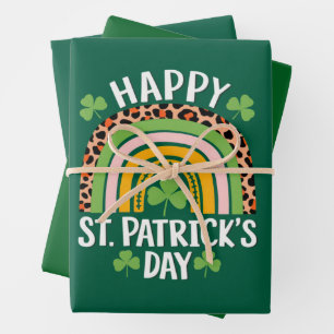 Happy St Saint Patrick's Day Rainbow Shamrock Wrapping Paper Sheets