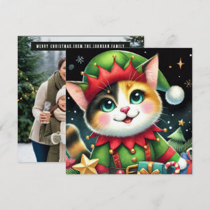 Happy Star Christmas Cute calico cat Elf Holiday Card