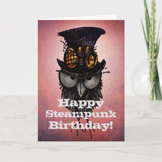 Happy Steampunk Birthday! - Funny Grumpy Owl Card (Front)