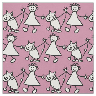 Happy Stick Girl and Dog Fabric