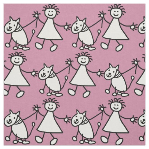 Happy Stick Girl and Dog Fabric