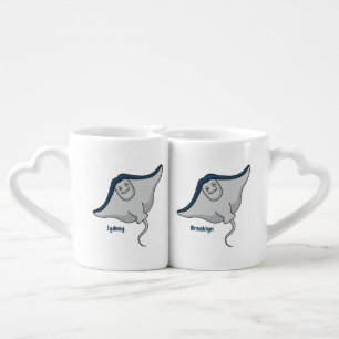 Happy stingray fish cartoon illustration coffee mug set