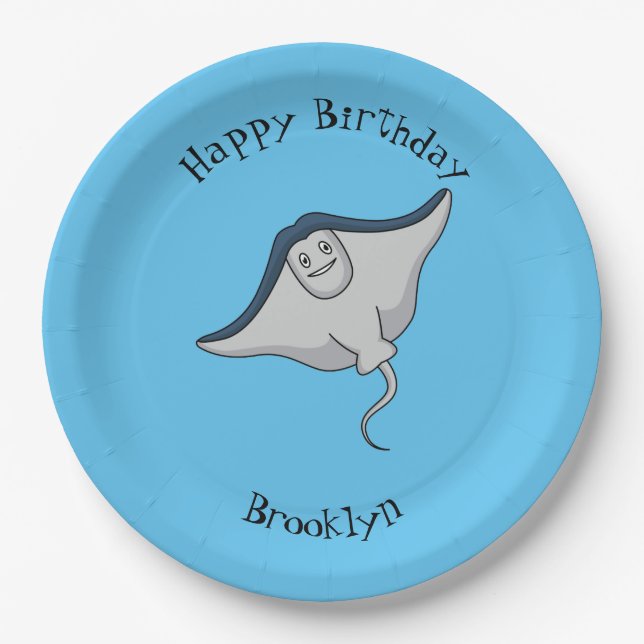 Happy stingray fish cartoon illustration paper plates (Front)
