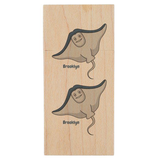 Happy stingray fish cartoon illustration wood flash drive (Front Vertical)