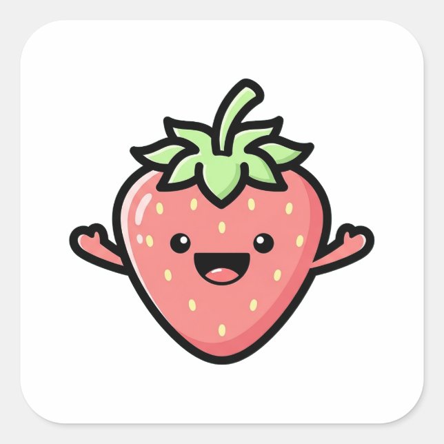 Happy Strawberry – Cute Kawaii Illustration Square Sticker (Front)