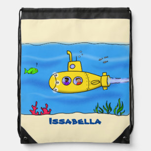 Happy submarine cartoon drawstring bag