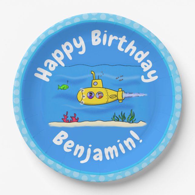 Happy submarine cartoon paper plates (Front)