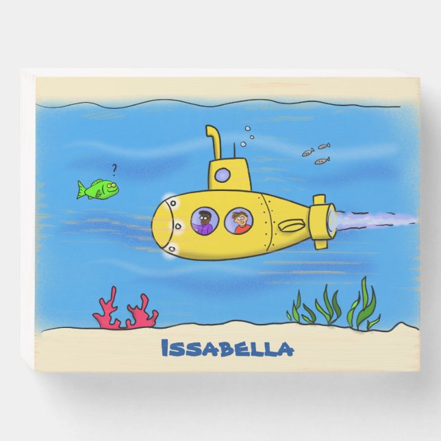 Happy submarine cartoon wooden box sign (Front Horizontal)