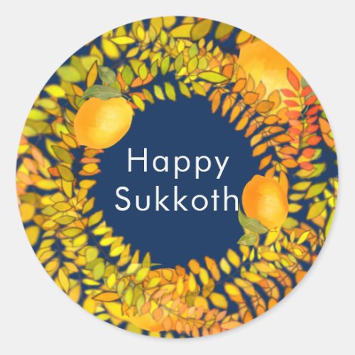 Happy Sukkot  emons and leaves wreath blue Classic Round Sticker