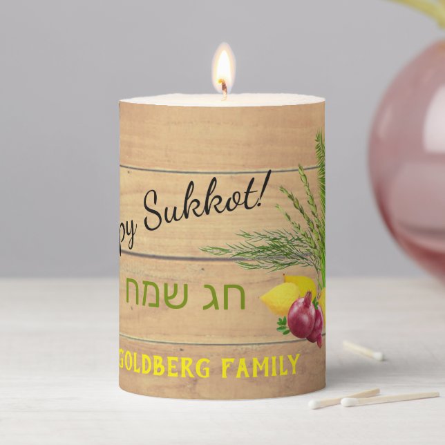 Happy Sukkot Etrog Lulav Rustic Wood Background Pillar Candle (In Situ)