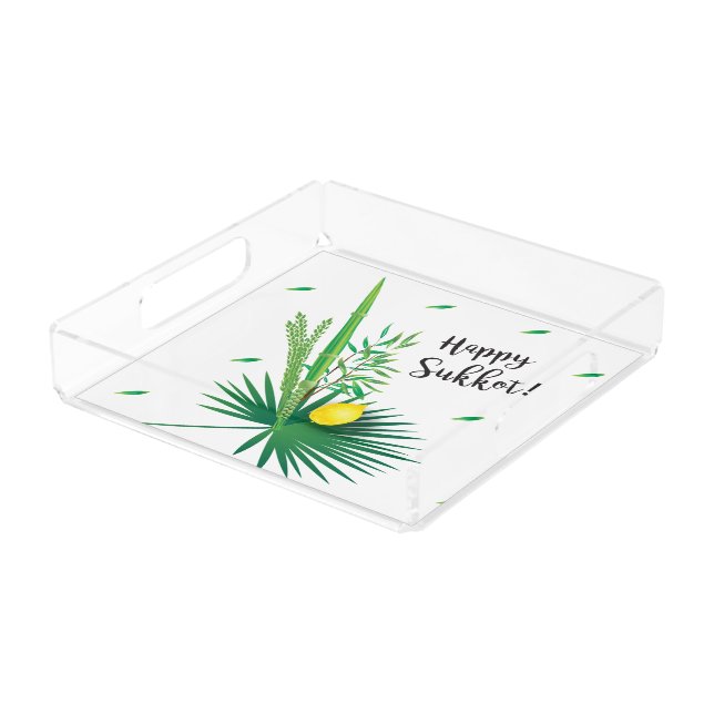 Happy Sukkot Lulav and Etrog Watercolor Pattern Acrylic Tray (Angled)