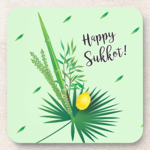 Happy Sukkot Lulav and Etrog Watercolor Pattern Beverage Coaster