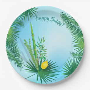 Happy Sukkot Lulav and Etrog Watercolor Pattern Paper Plates