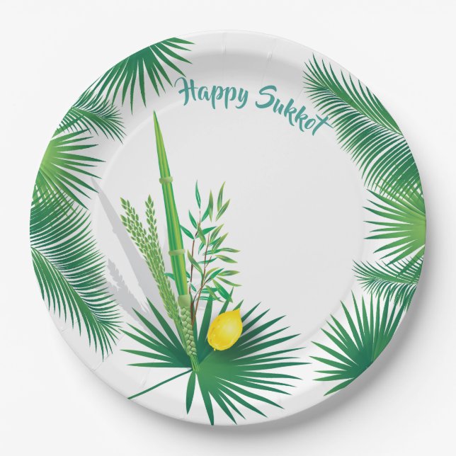 Happy Sukkot Lulav and Etrog Watercolor Pattern Paper Plates (Front)