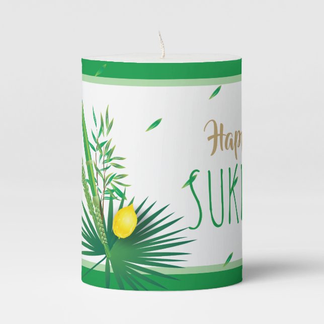 Happy Sukkot Lulav and Etrog Watercolor Pattern Pillar Candle (Front)