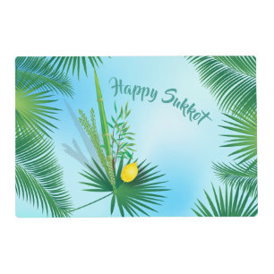 Happy Sukkot Lulav and Etrog Watercolor Pattern Placemat