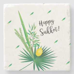Happy Sukkot Lulav and Etrog Watercolor Pattern Stone Coaster