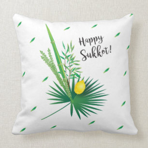 Happy Sukkot Lulav and Etrog Watercolor Pattern Throw Pillow